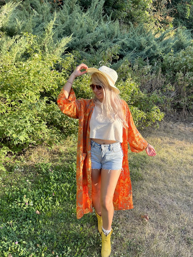 Long Orange Printed Patterned Kimono