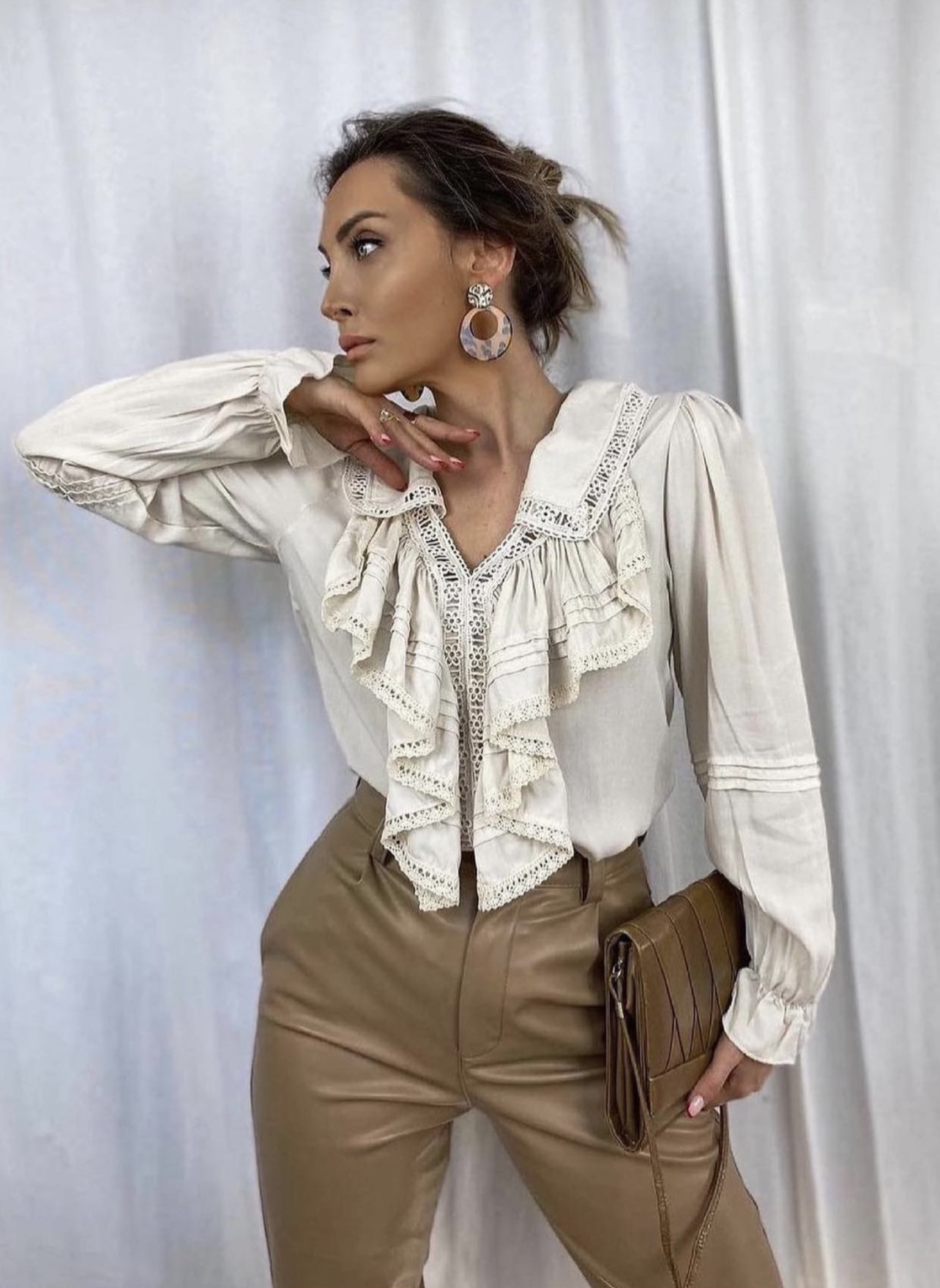 Cream, Open Collar, Guipure and Frill Detailed Collar, Ruffled Sleeves, Long Sleeved, Bohemian, Design Linen Blouse