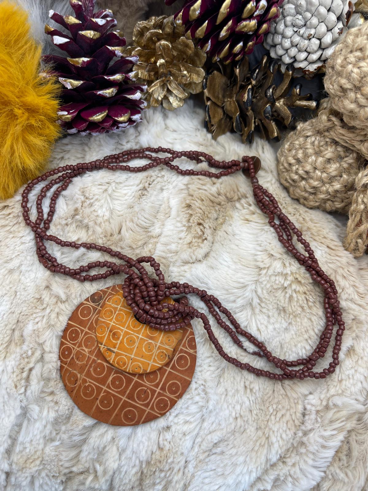 Brown Beaded, Orange Wood Embroidered Bohemian Design Necklace