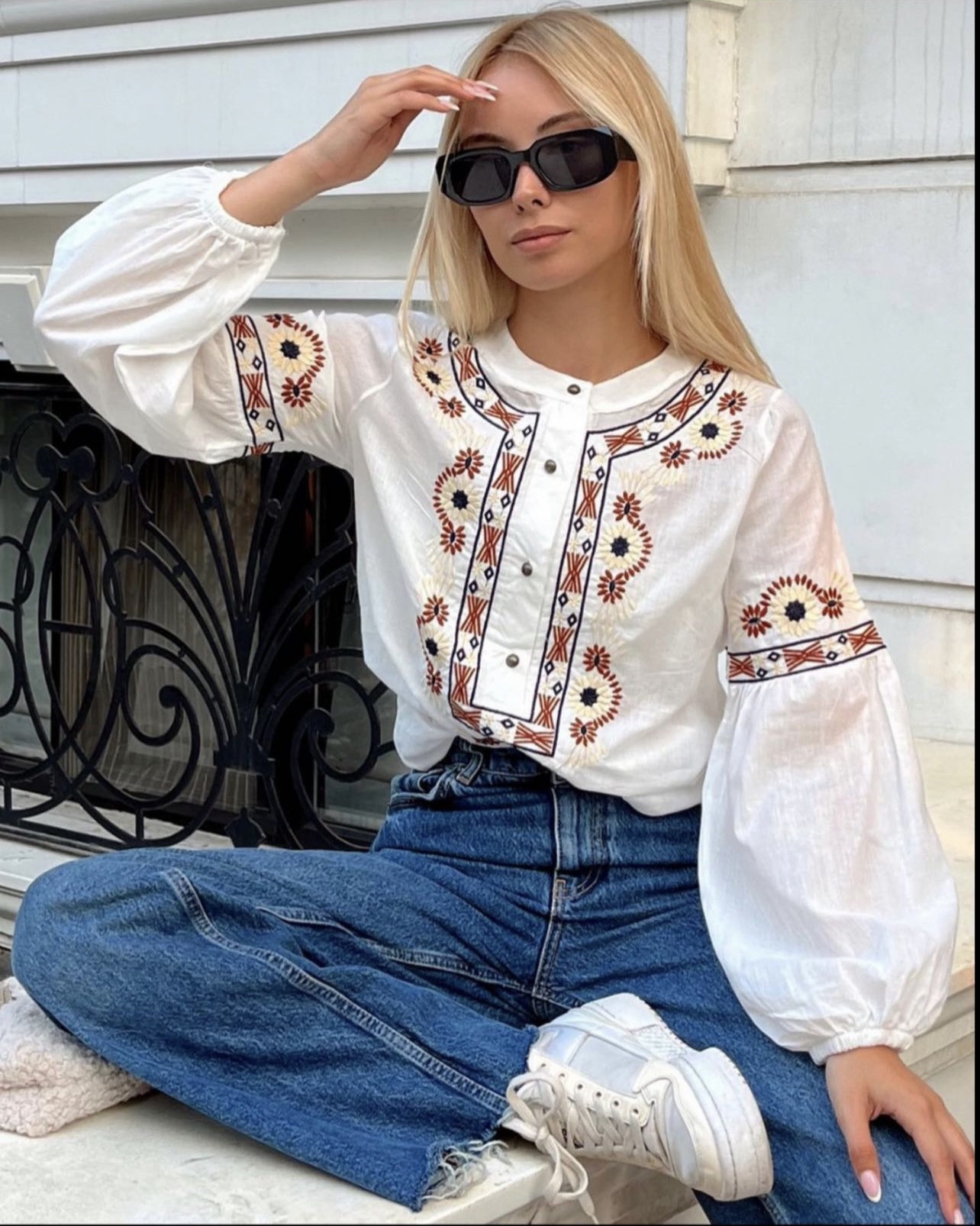 White, Colorful Embroidered, Button Down Neck, Long Sleeve, Bohemian, Design Linen Blouse