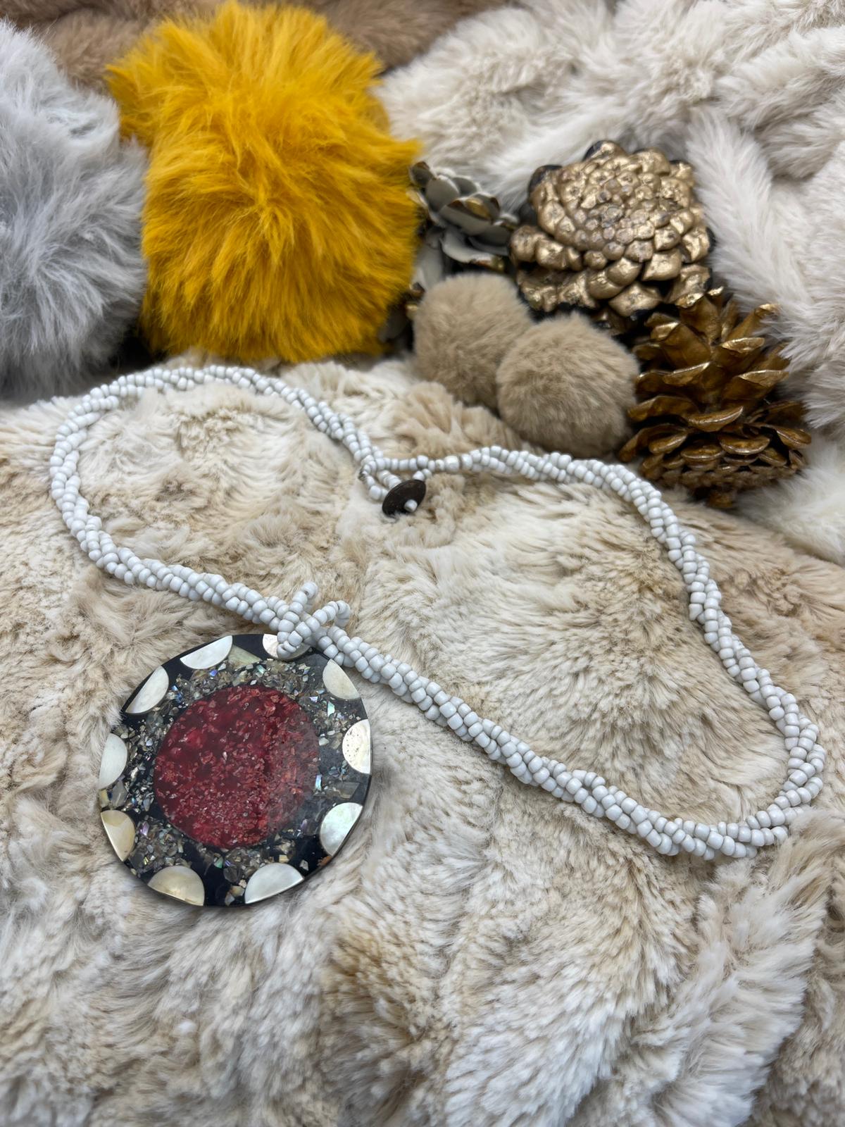 Claret Red - White - Black Detailed, White Beaded, Bohemian Design Necklace