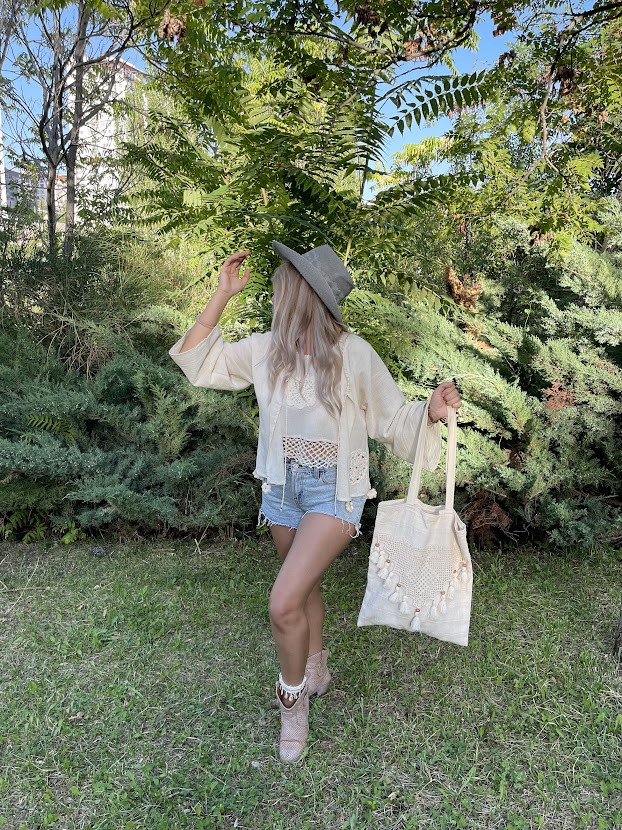 Short, Handmade, Crocheted, Cream, Bohemian Linen Jacket