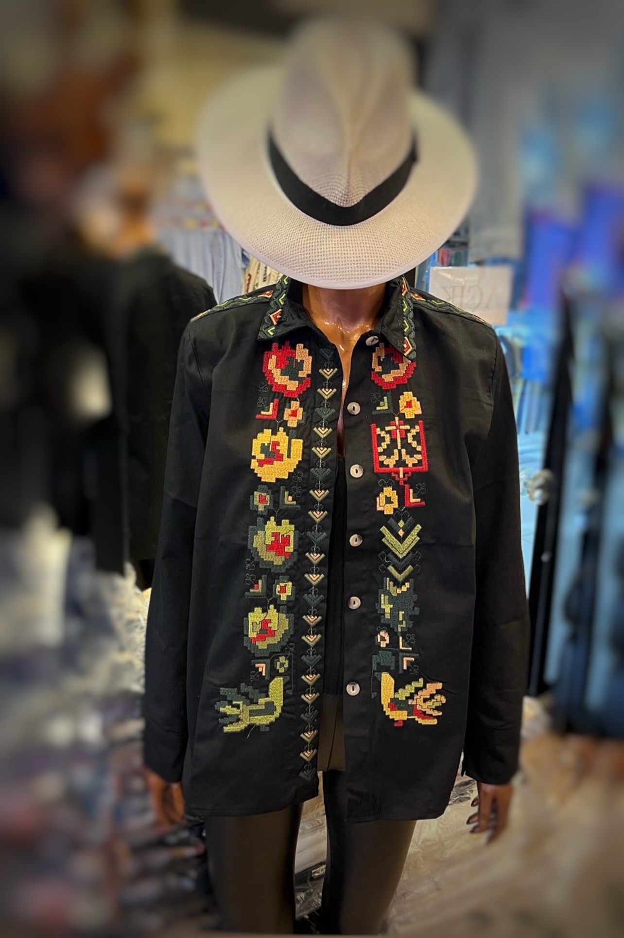 Black, Embroidered, Buttoned, Bohemian, Long Sleeve, Linen, Designer Shirt