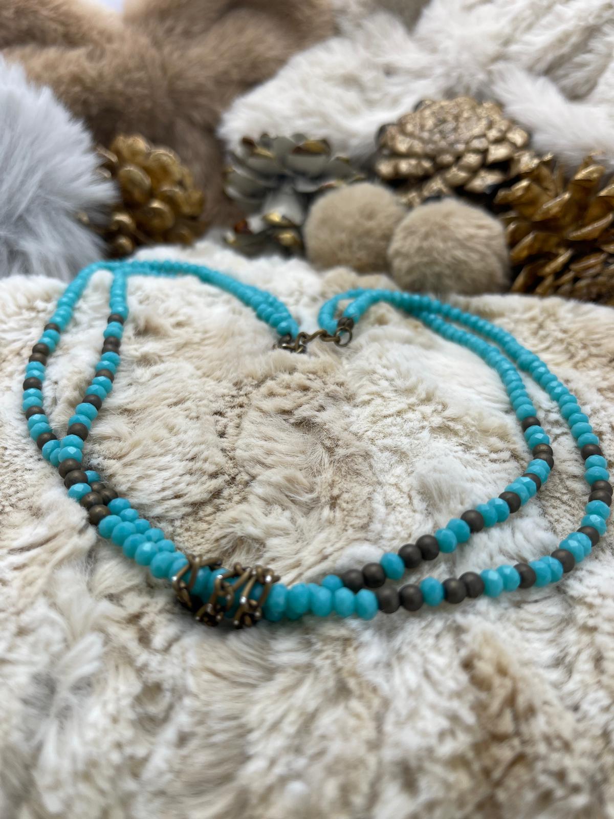 Turquoise Shiny Beads, Copper Detail, Bohemian Design Necklace