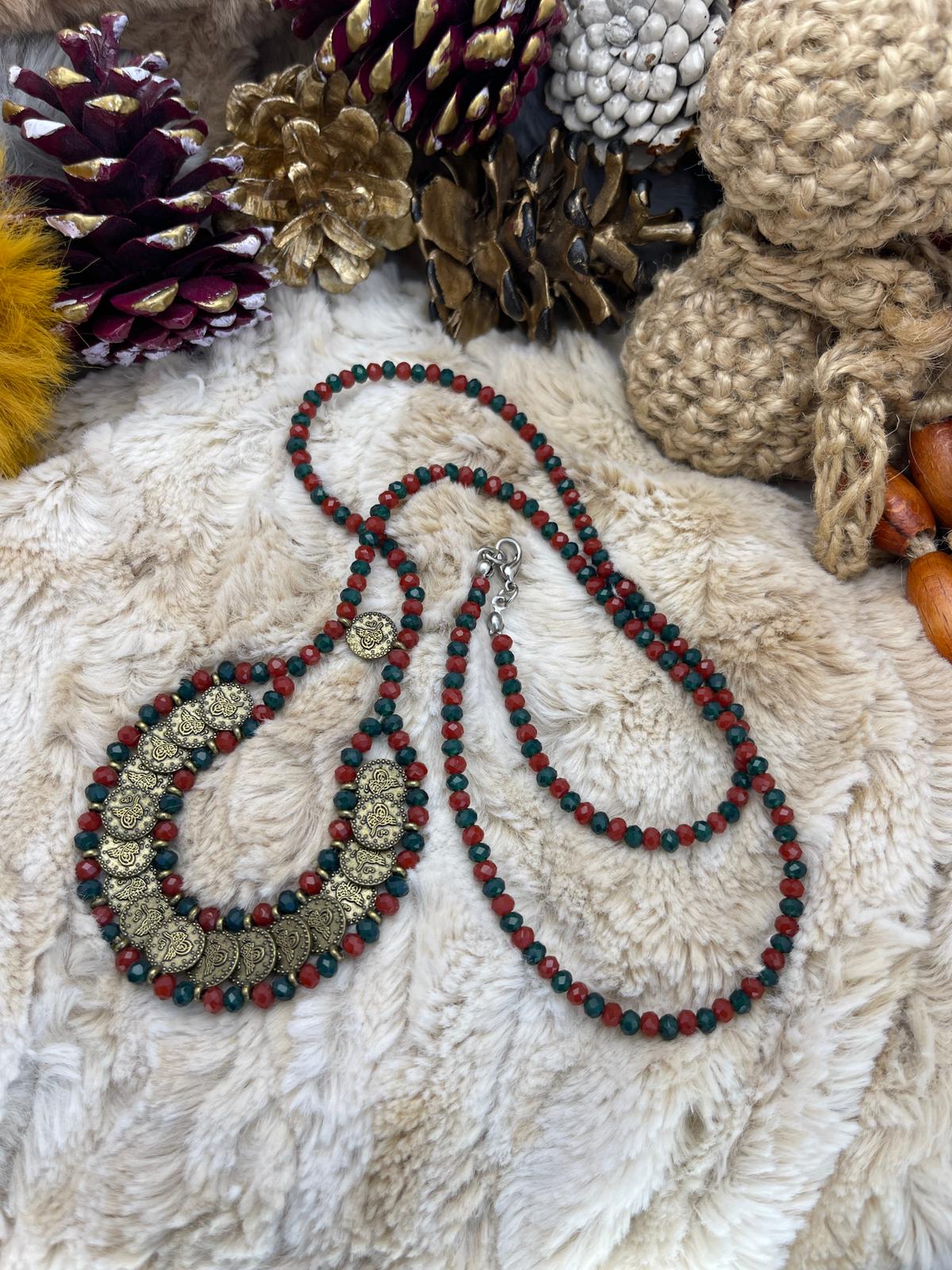 Claret Red - Green Beaded, Copper Embroidered, Bohemian, Design Necklace