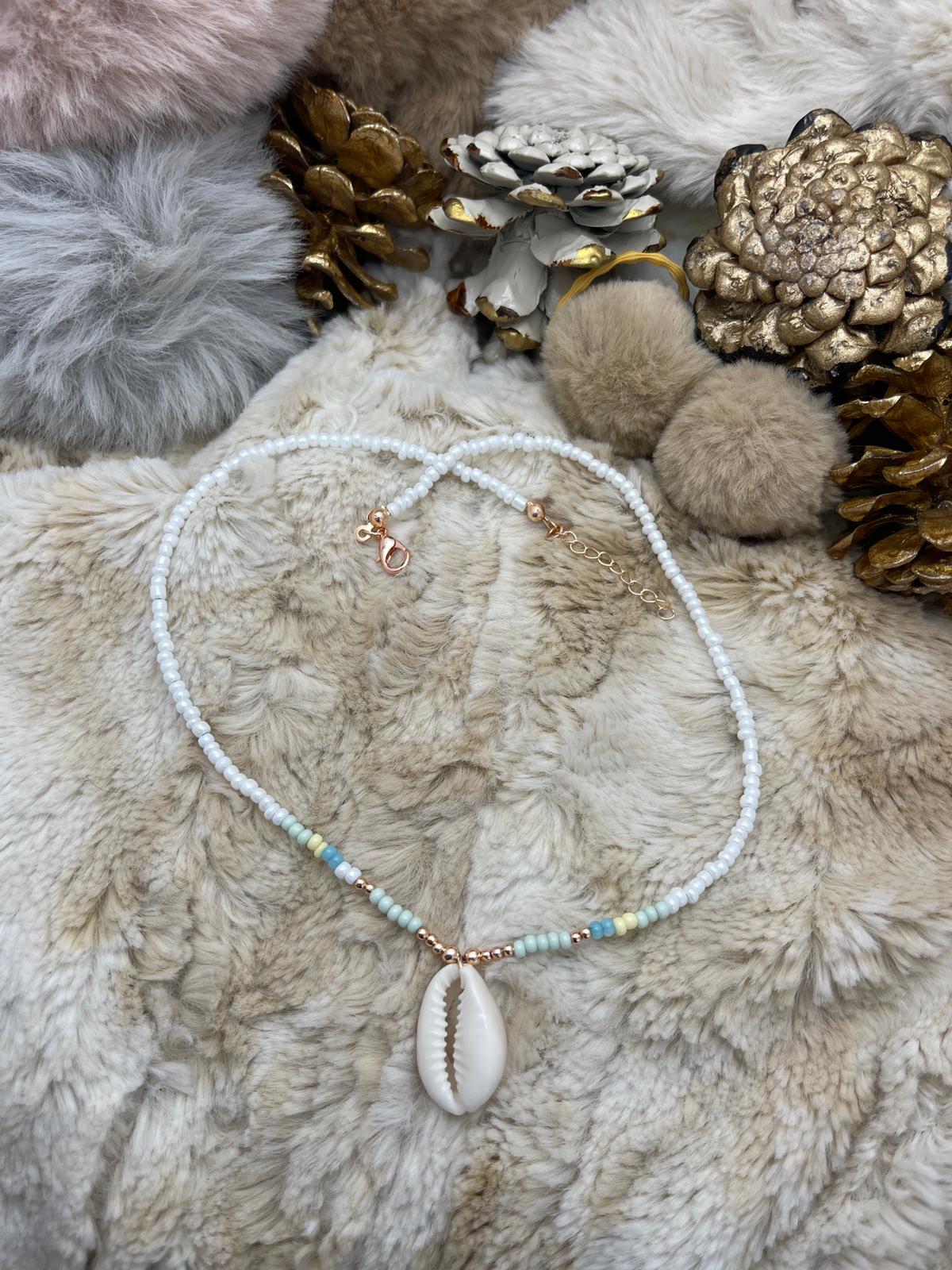 White Beaded, Shell Detail, Bohemian Design Necklace