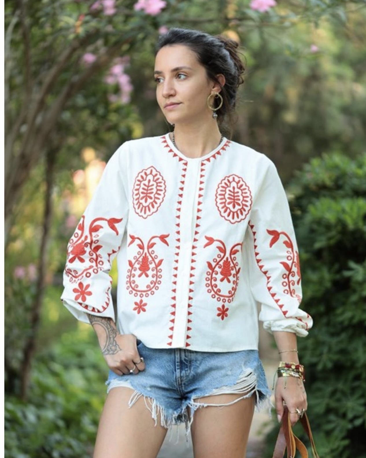 White Color, Buttoned, Sunflower Embroidered, Bohemian, Long Sleeve, Design Linen Shirt