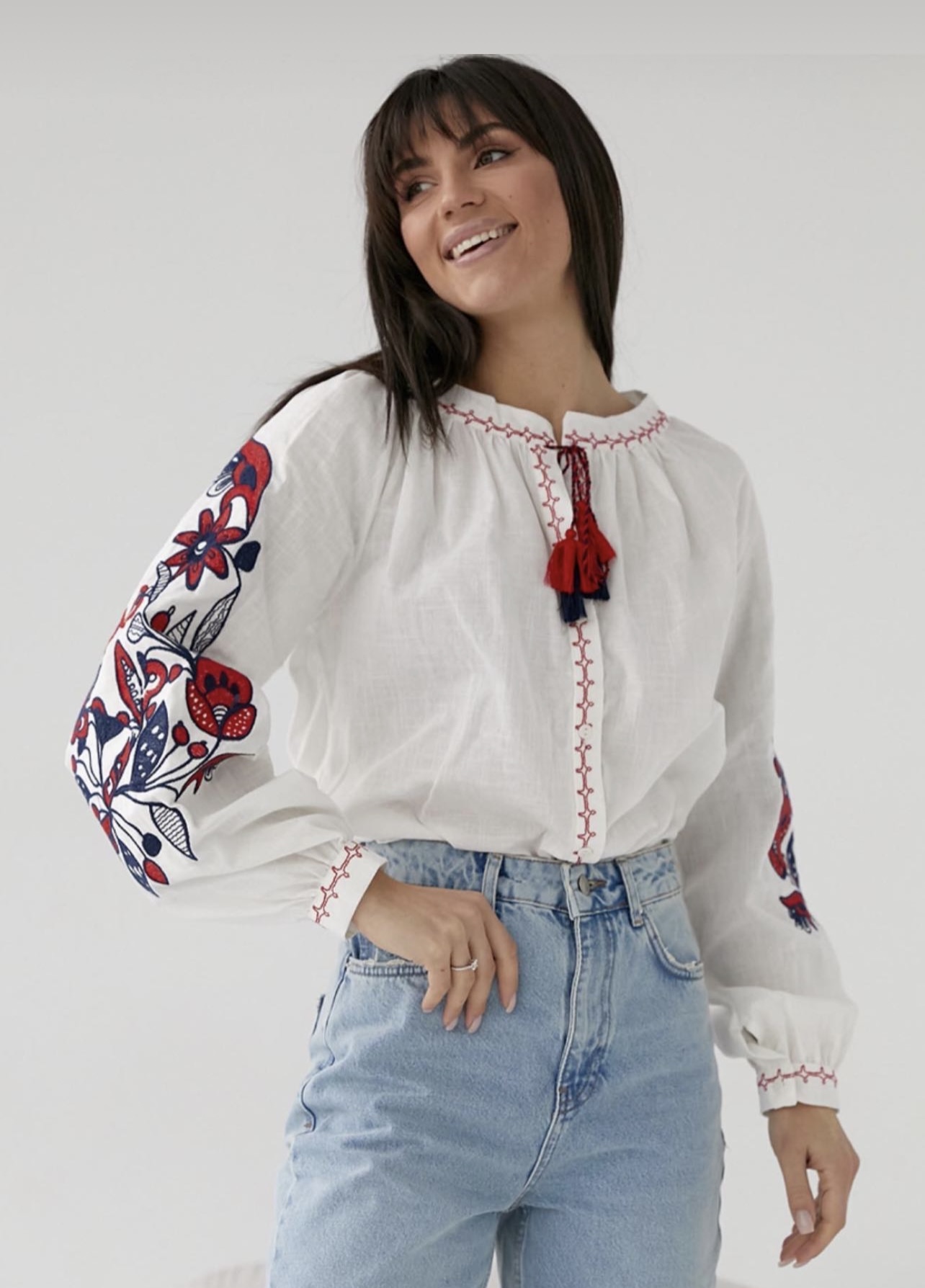 White, Colorful Embroidered, Long Sleeve, Bohemian, Design Linen Blouse