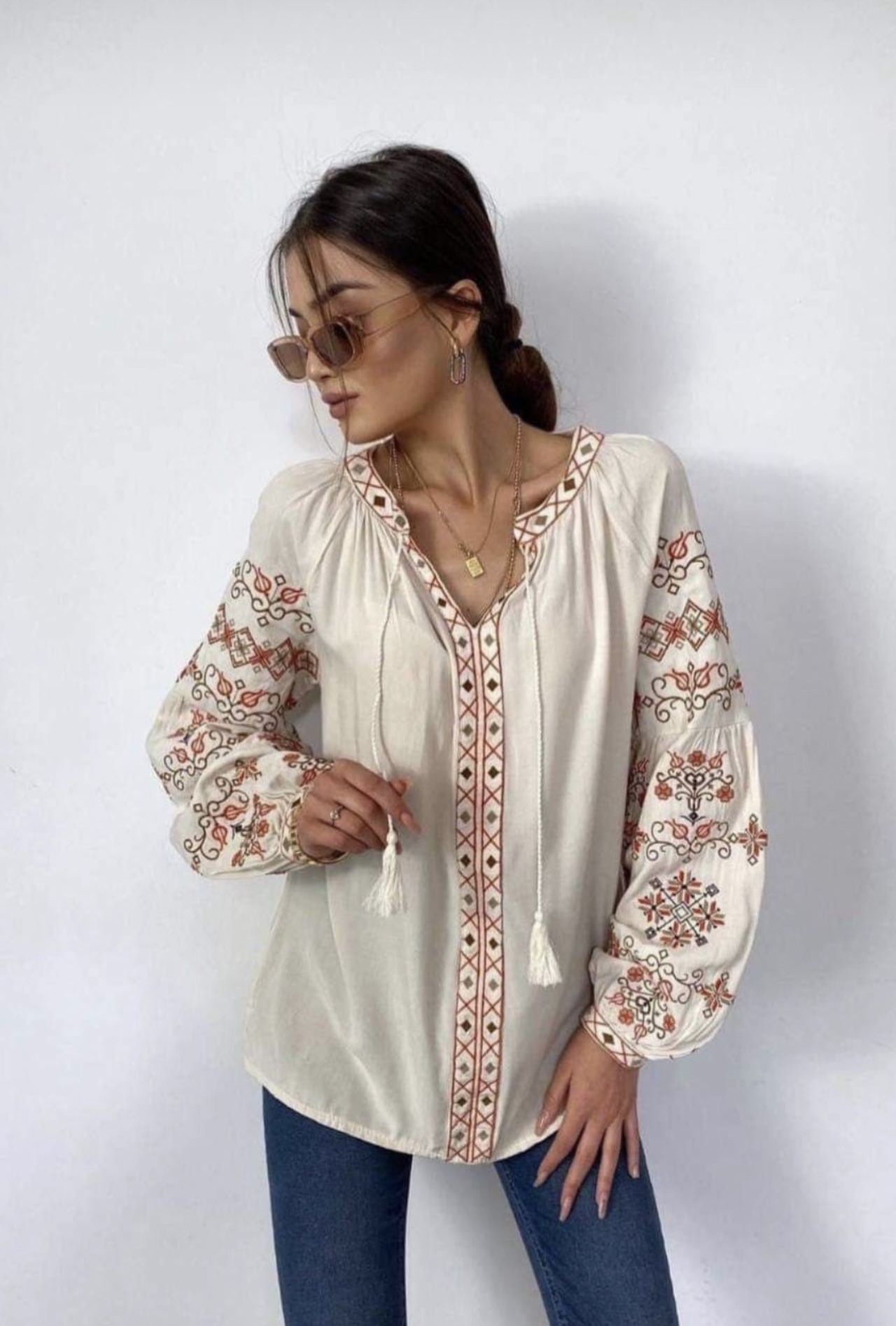 Cream, Color Embroidered, Halterneck, Long Sleeve, Bohemian, Design Linen Blouse