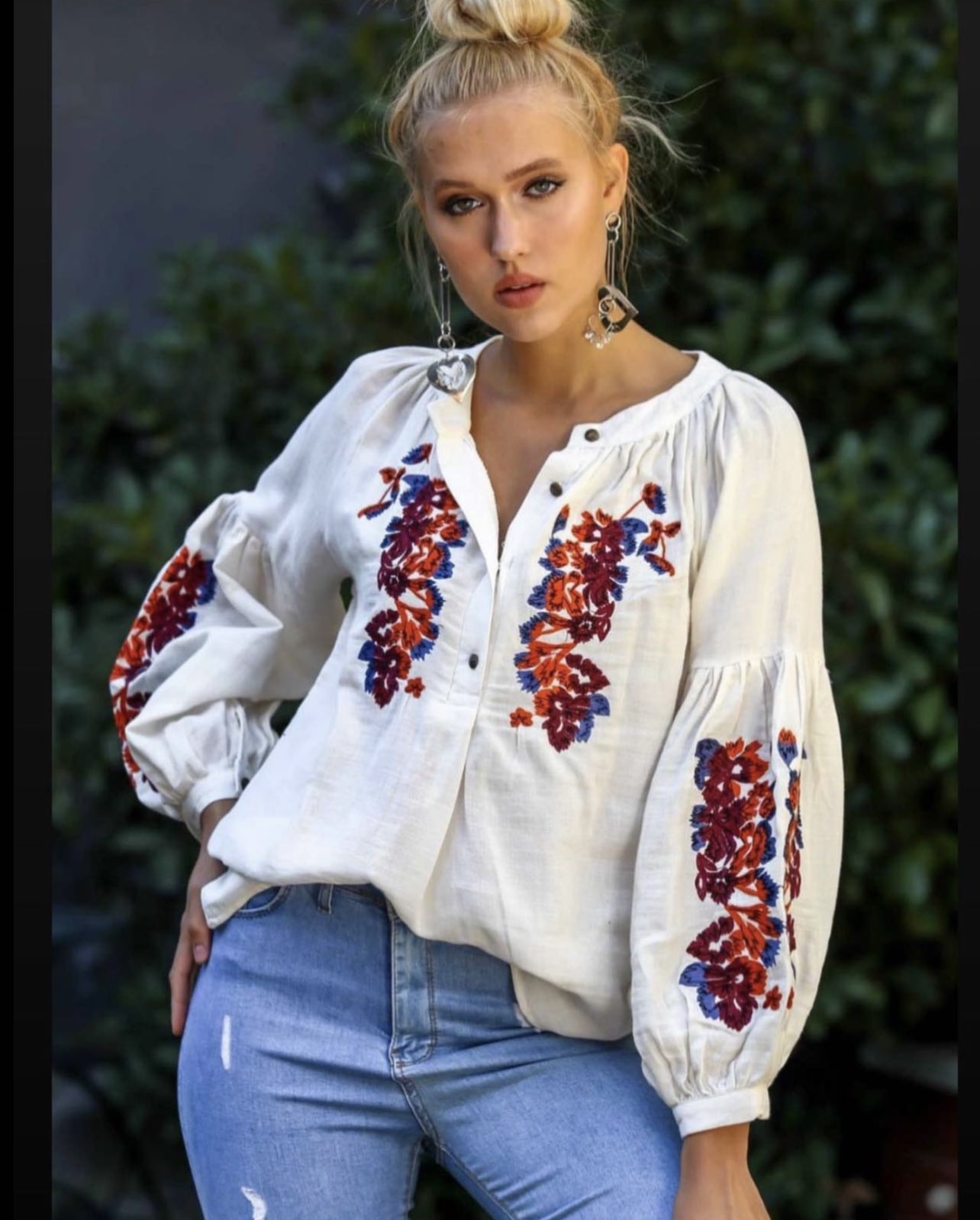 White, Embroidered, Buttoned Neck, Bohemian, Long Sleeve, Linen, Designer Blouse