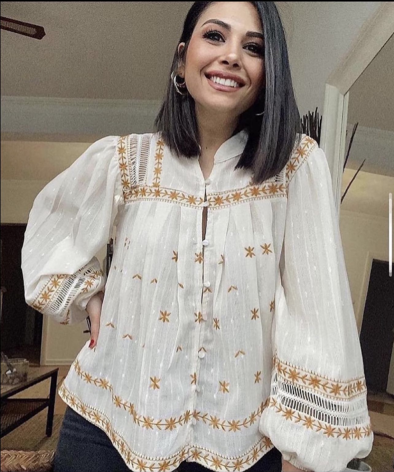 Cream, Buttoned, Stand-up Collar, Colored Embroidered, Bohemian, Long Sleeve, Design Linen Shirt