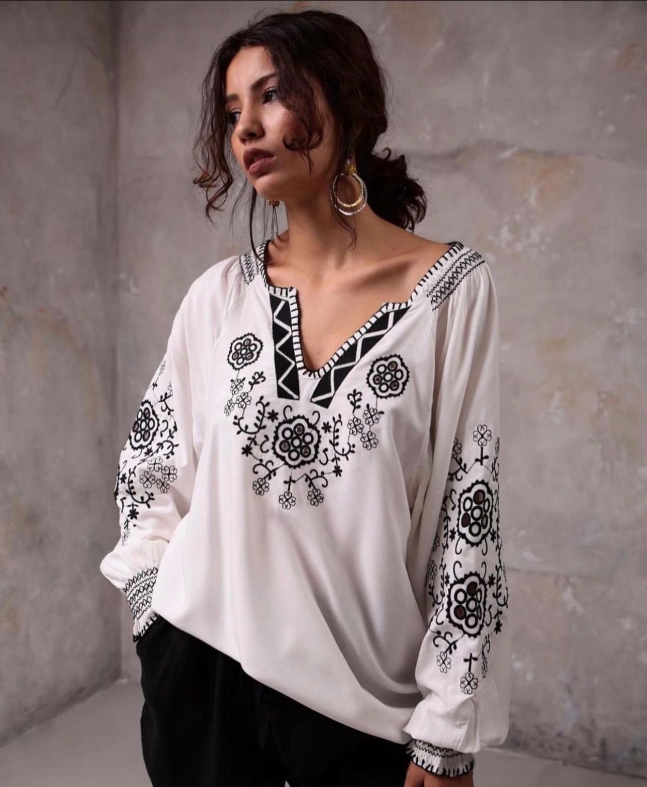 White - Black, Embroidered, Buttoned Neck, Bohemian, Long Sleeve, Linen, Designer Blouse