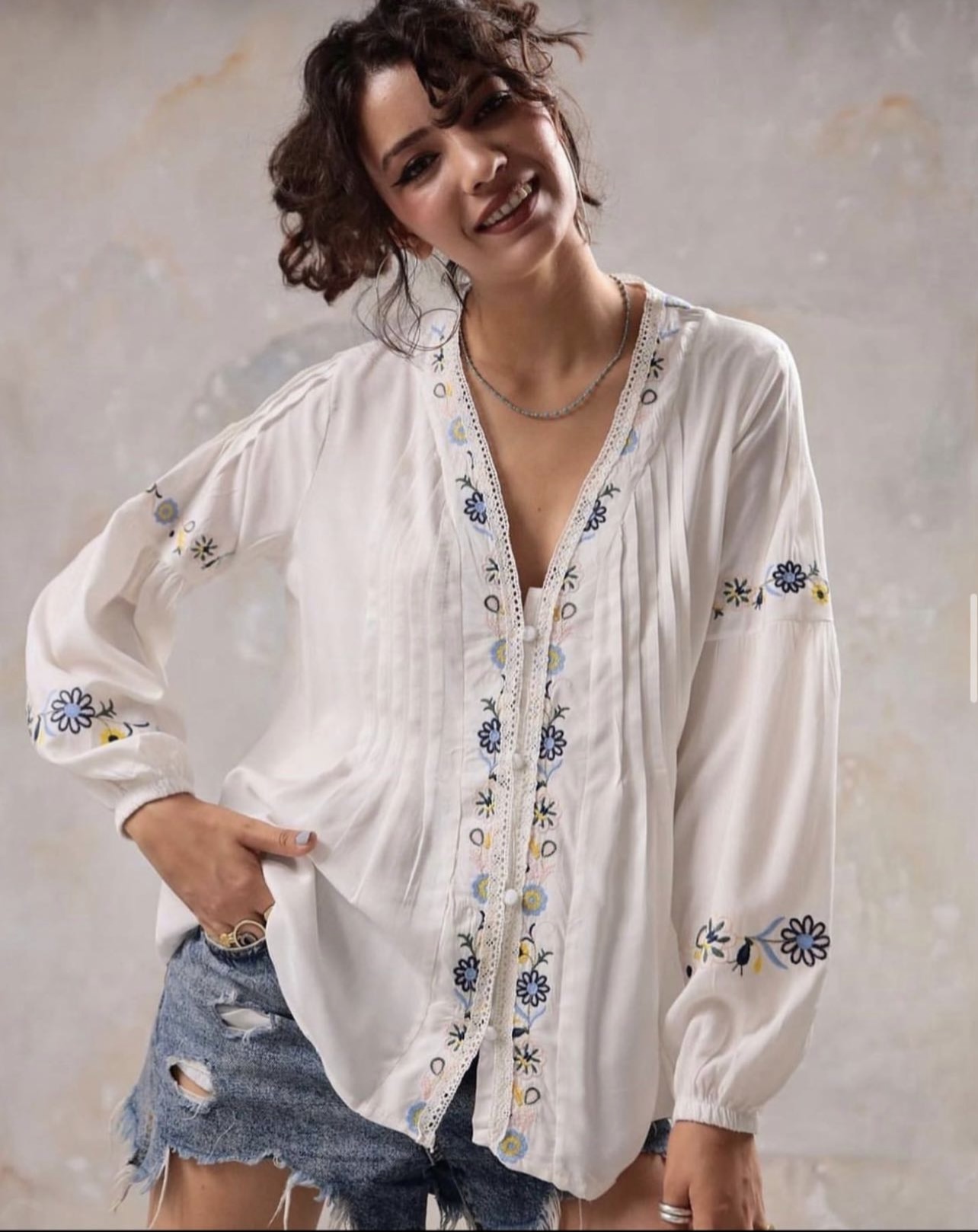 Cream, Embroidered, V-Neck, Buttoned, Long Sleeve, Bohemian, Linen Shirt