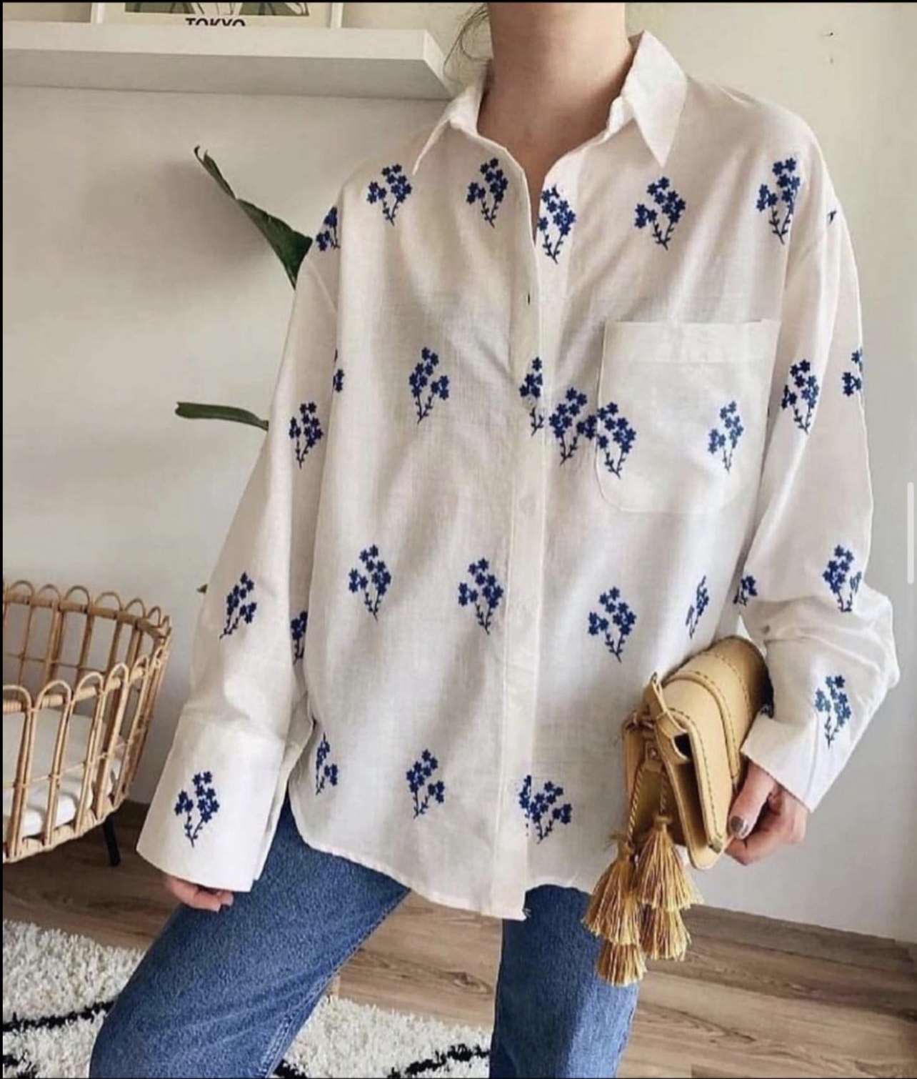 White, Embroidered, Buttoned, Long sleeve, Bohemian, Linen, Designer Shirt