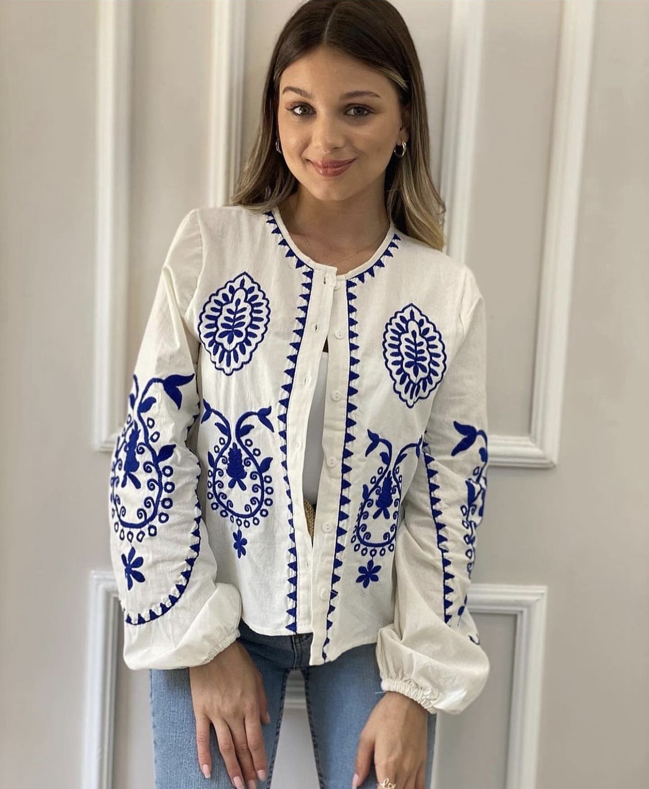 White - Blue Color, Buttoned, Embroidered, Bohemian, Long Sleeve, Design Linen Shirt