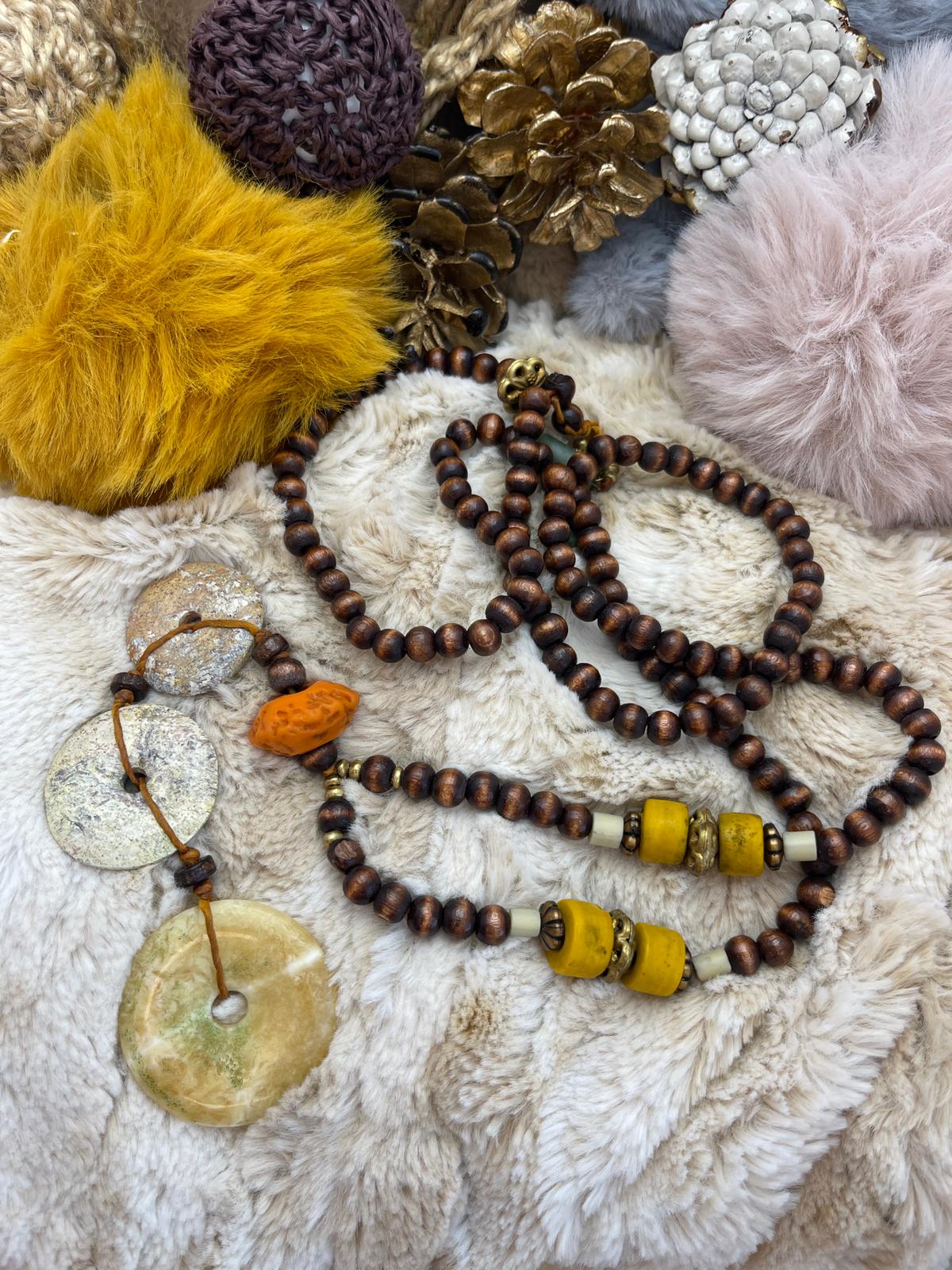 Orange - Cream - White - Yellow Stone, Brown Beaded, Bohemian Design Necklace