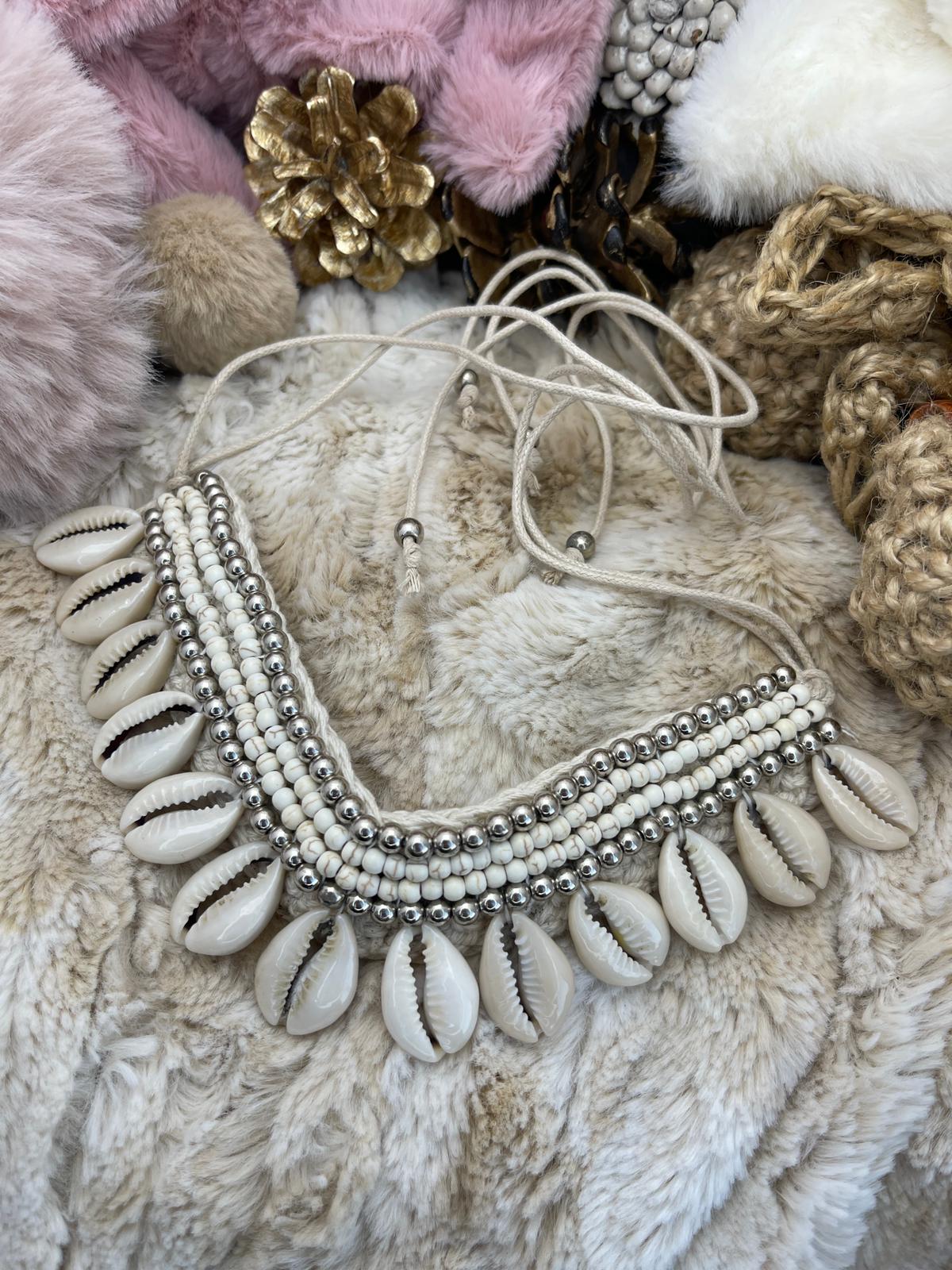 Cream Bead and Shell Detail, Crocheted Bohemian, Designer Necklace