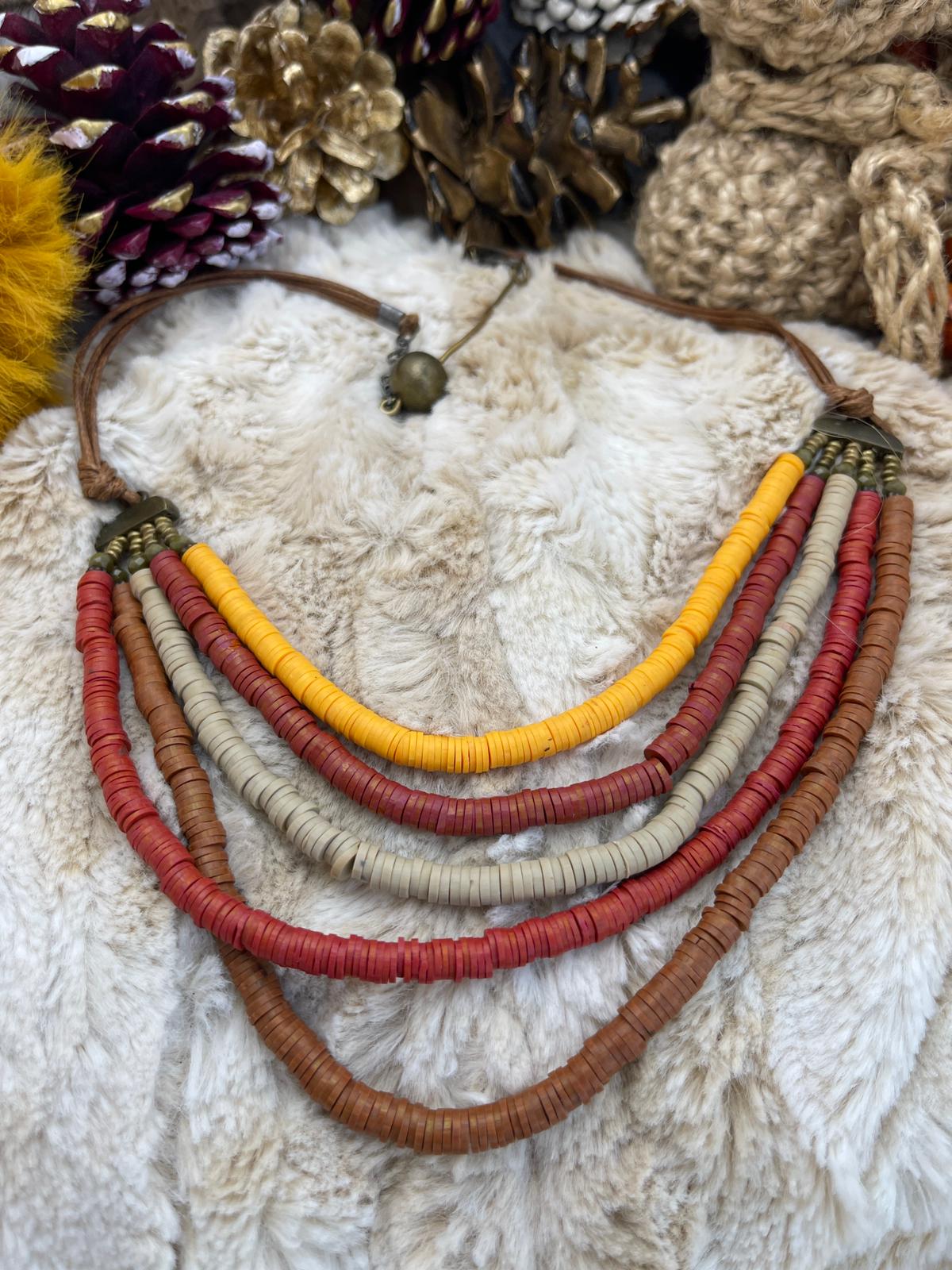 Orange - Red - Cream - Brown Beaded, Bohemian, Designer Necklace