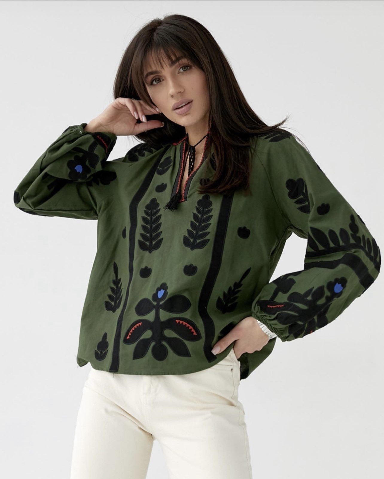 Green - Black, Embroidered, Buttoned Neck, Bohemian, Long Sleeve, Linen, Designer Blouse