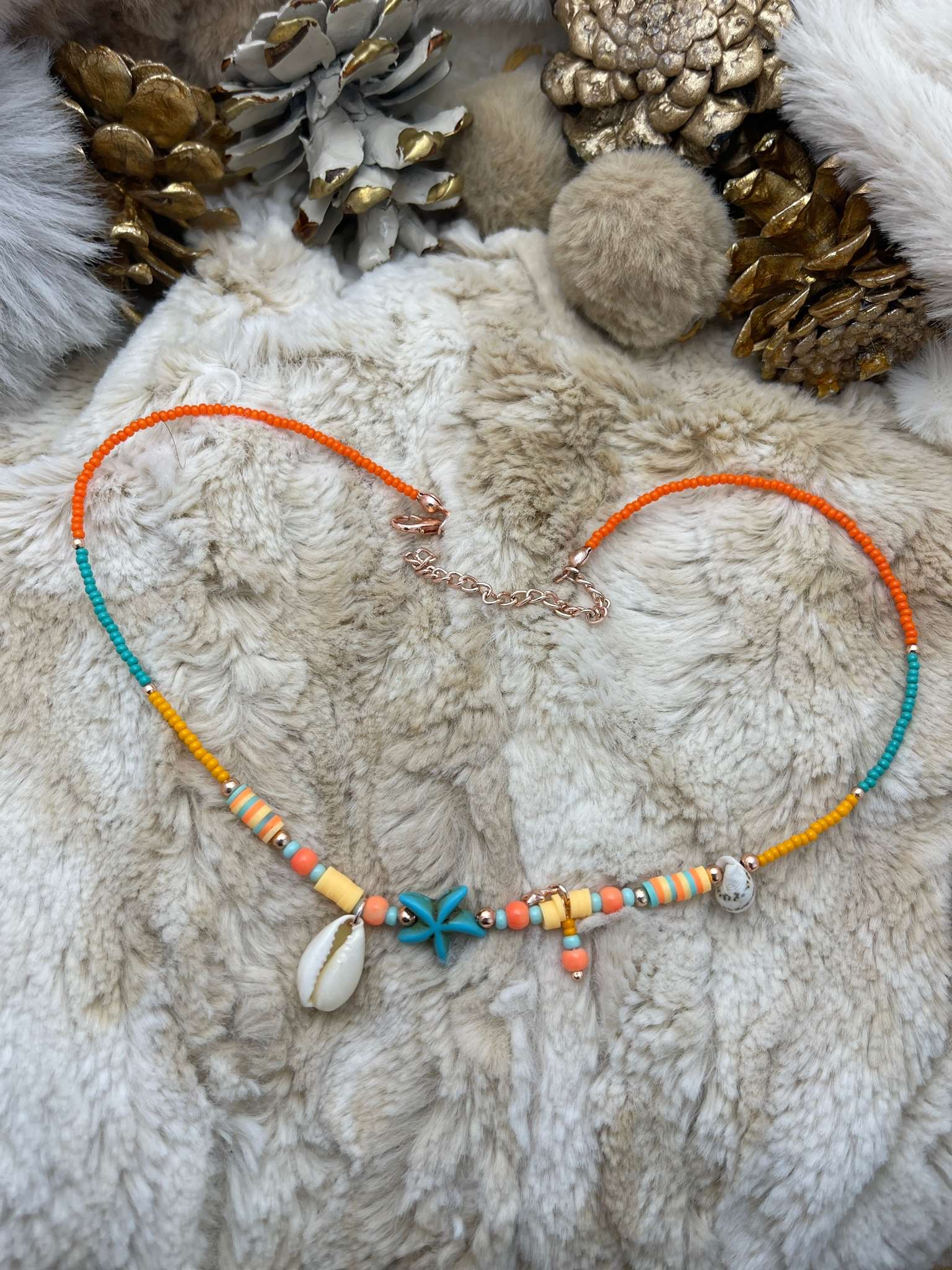 Orange - Turquoise Beaded Shell Detail Bohemian Design Necklace