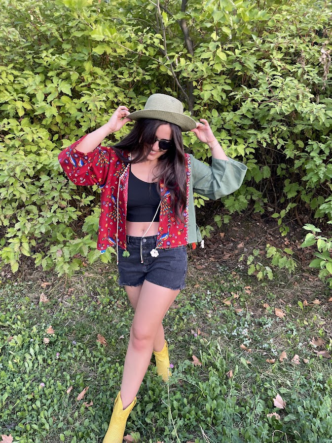 Short, Red - Green Floral Patterned Linen Jacket