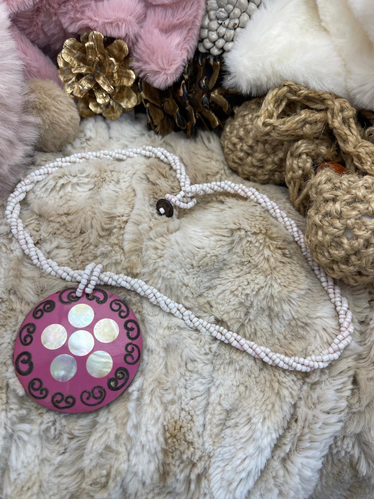 Cream Beads and Oval Pink Detailed Bohemian Design Necklace