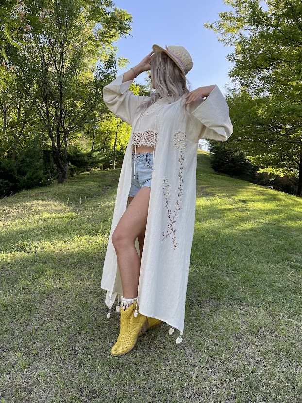 Long, Cream Crocheted Beaded Embroidered Bohemian Linen Kimono