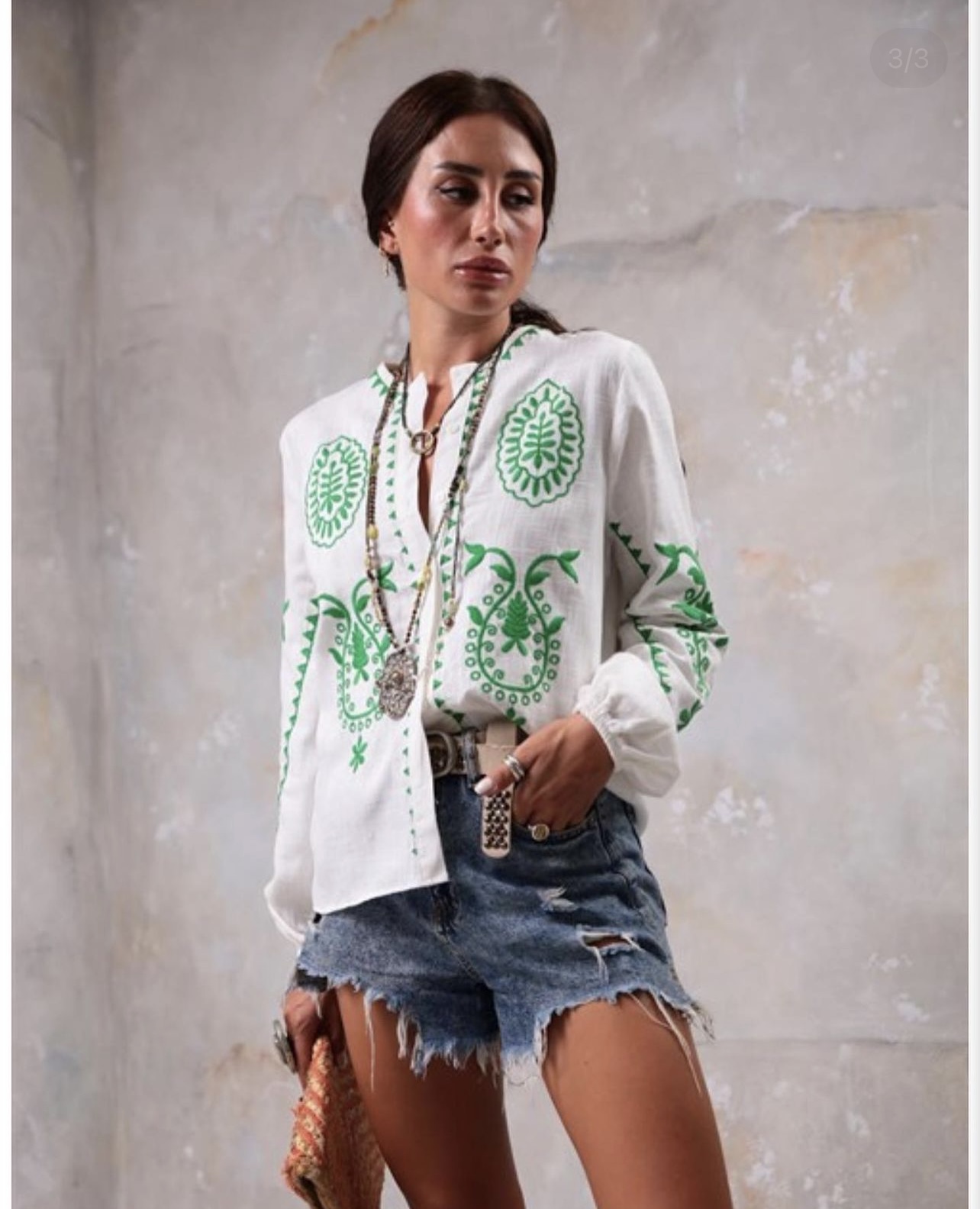 White - Green Color, Buttoned, Embroidered, Bohemian, Long Sleeve, Design Linen Shirt