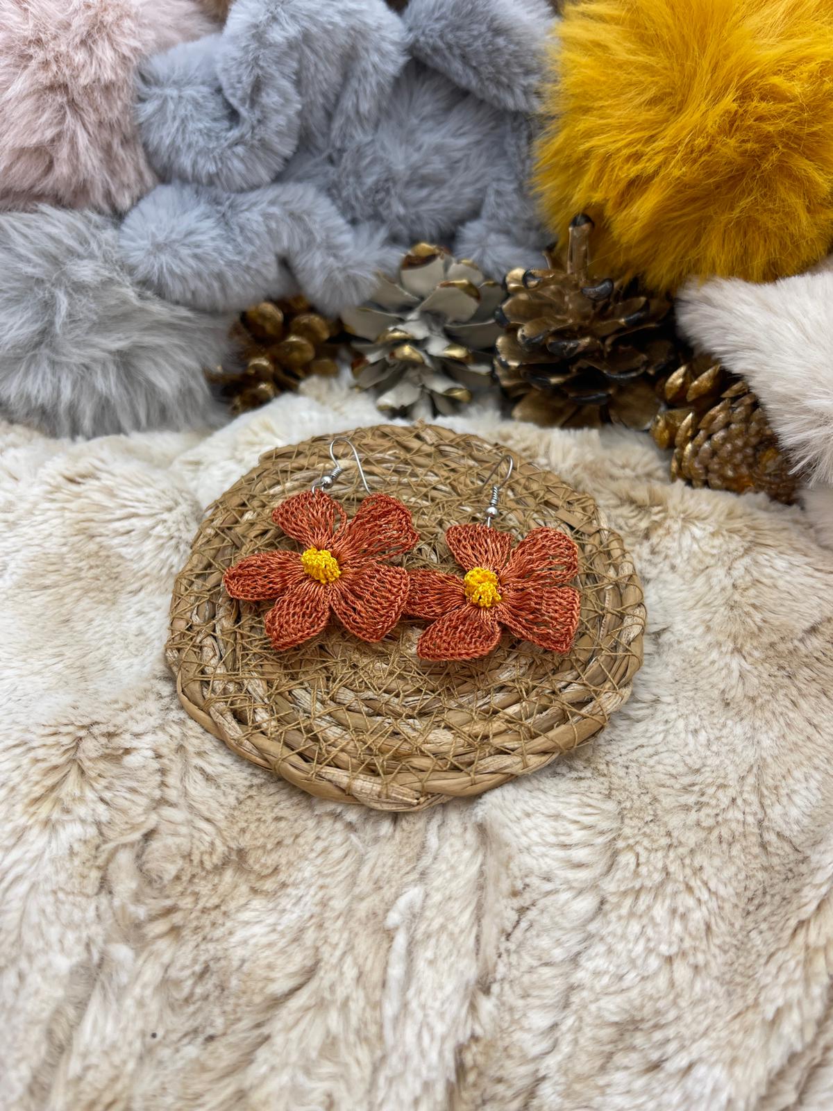 Orange Floral Detail, Knitted, Hanging Design Earrings