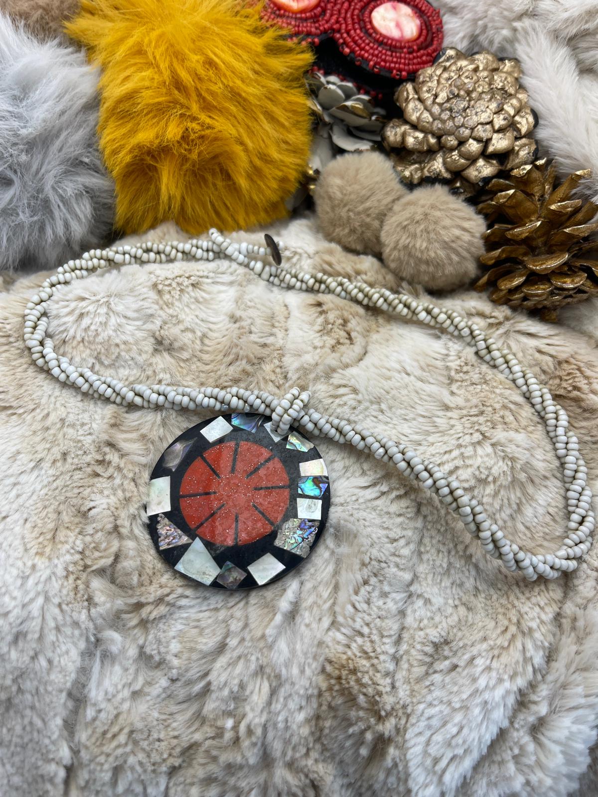 Red - White - Black Detailed, Cream Beaded, Bohemian Design Necklace