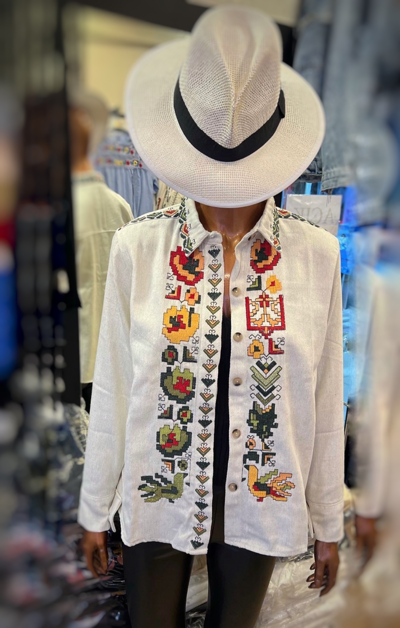 White, Embroidered, Buttoned , Bohemian, Long Sleeve, Linen, Designer Blouse