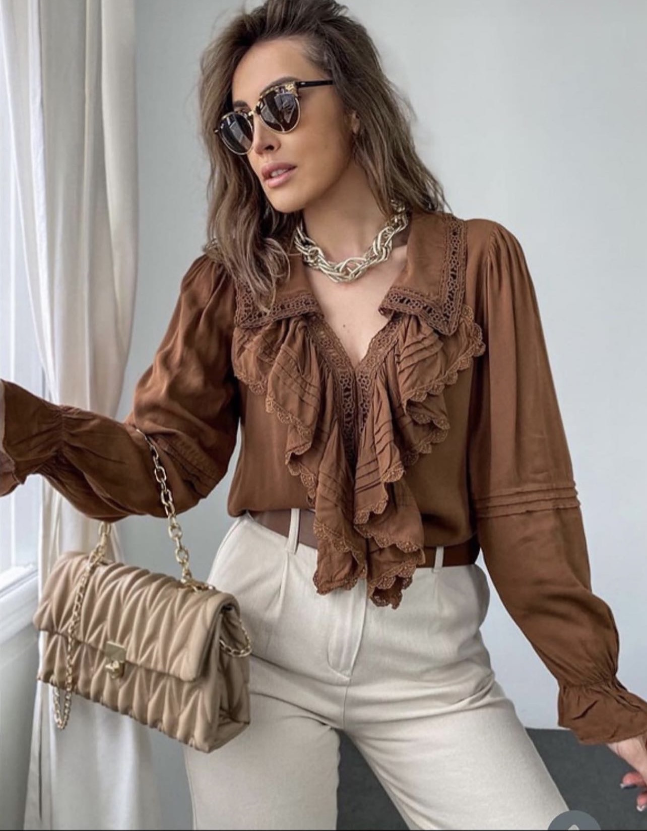 Brown, Open Collar, Guipure and Frill Detailed Collar, Ruffled Sleeves, Long Sleeved, Bohemian, Design Linen Blouse