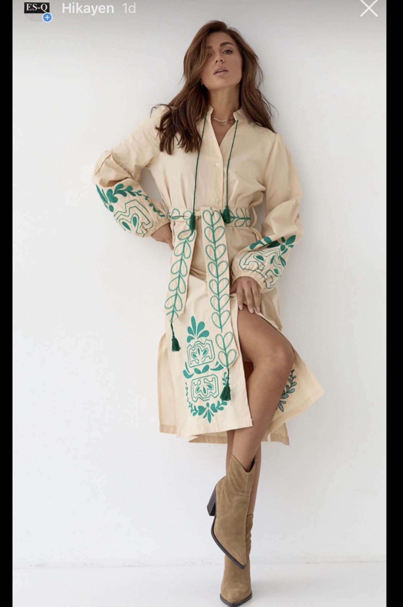 Cream, Embroidered, Stand Up Collar, Buttoned Front, Side Slit, Long, Bohemian, Design Linen Dress