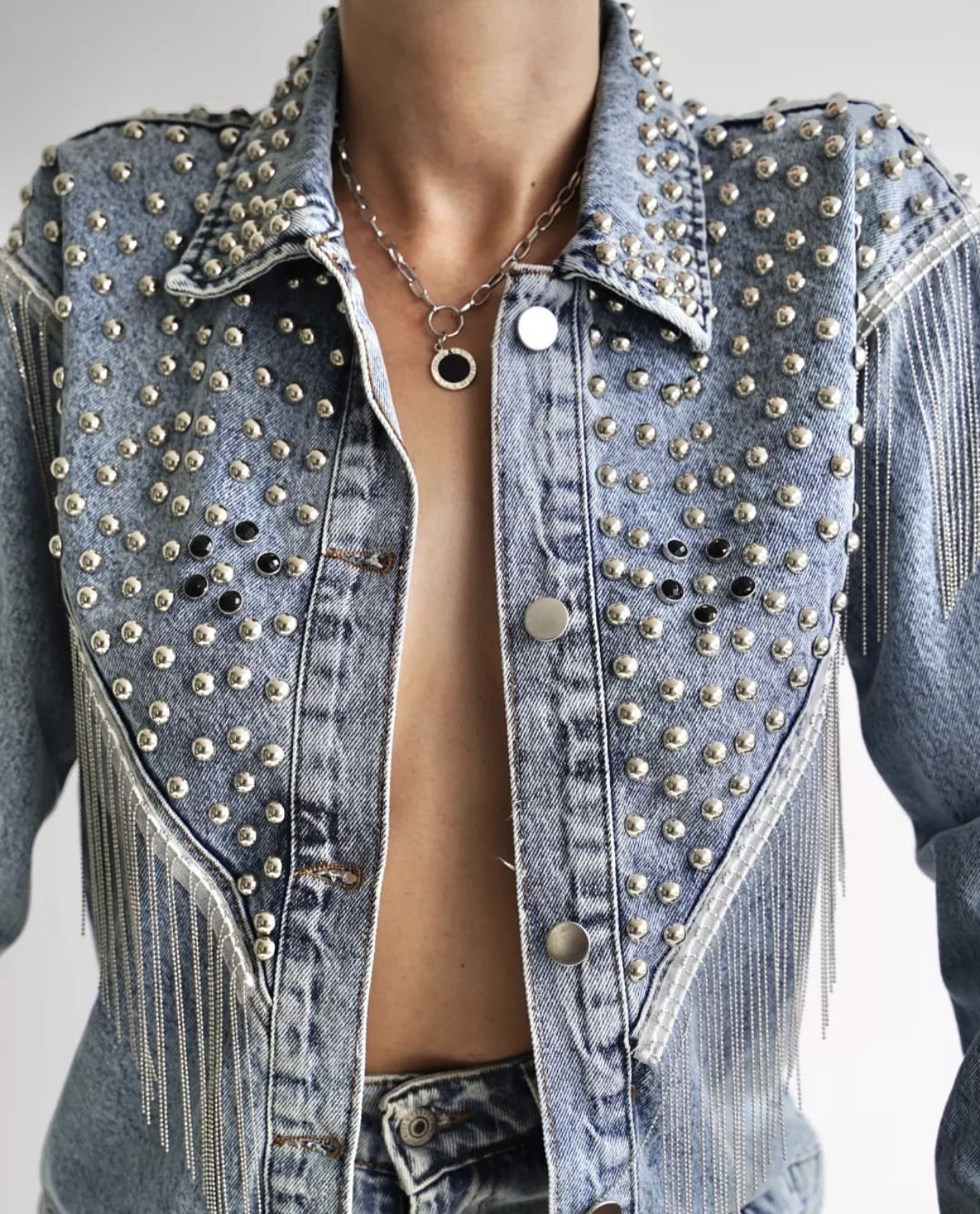 Blue, Metal Staple Detail on the Shoulders and Back, Tassels, Front Buttons, Long Sleeve, Bohemian, Design Denim Jacket